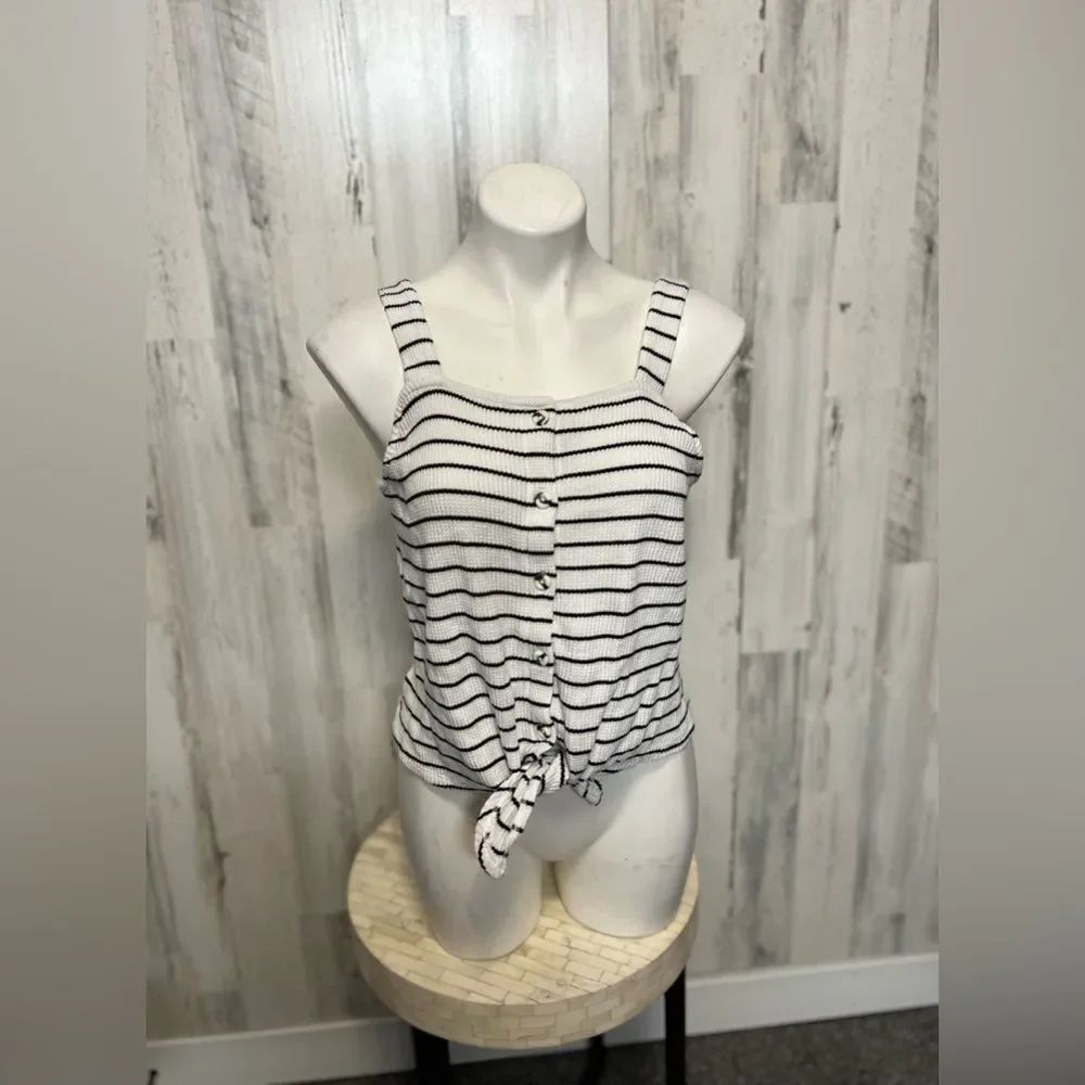 Black and White Striped Tie Front Tank Top Womens Size Small Button Detail Ribbe